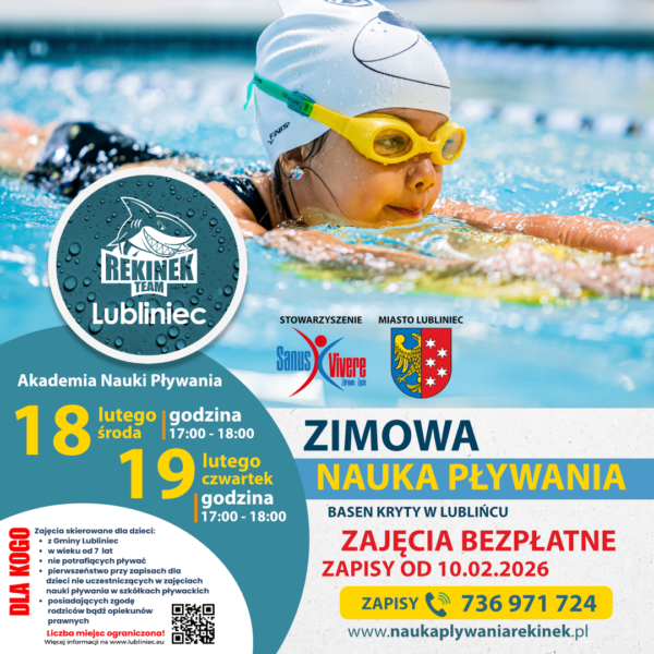 Grafika przedstawiająca plakat reklamujący darmową naukę pływania dla dzieci z gminy Lubliniec