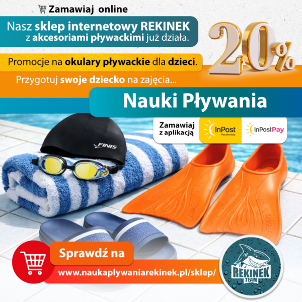 informacja o uruchomieniu sklepu internetowego REKINEK, promocja na okulary pływackie dla dzieci, rabat 20%
