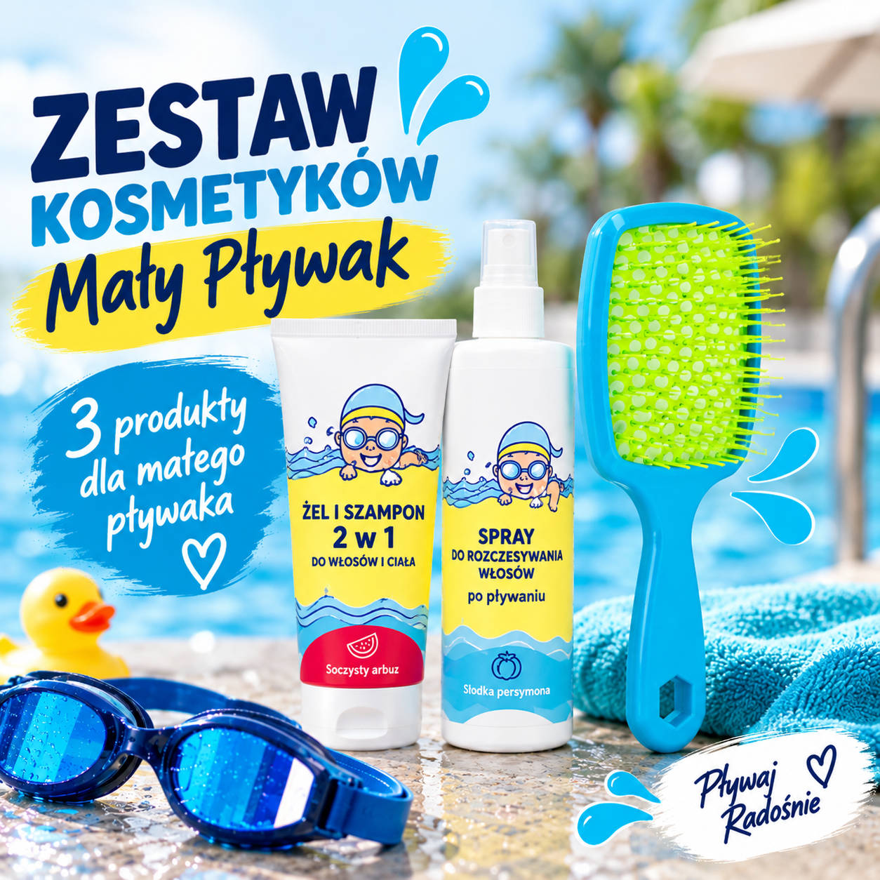 Zestaw kosmetyków basenowych TRISWIM „Mały Pływak” aranżacja na basenie