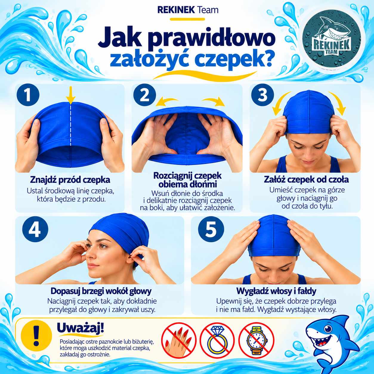 Infografika REKINEK Team pokazująca 5 kroków prawidłowego zakładania czepka pływackiego.
